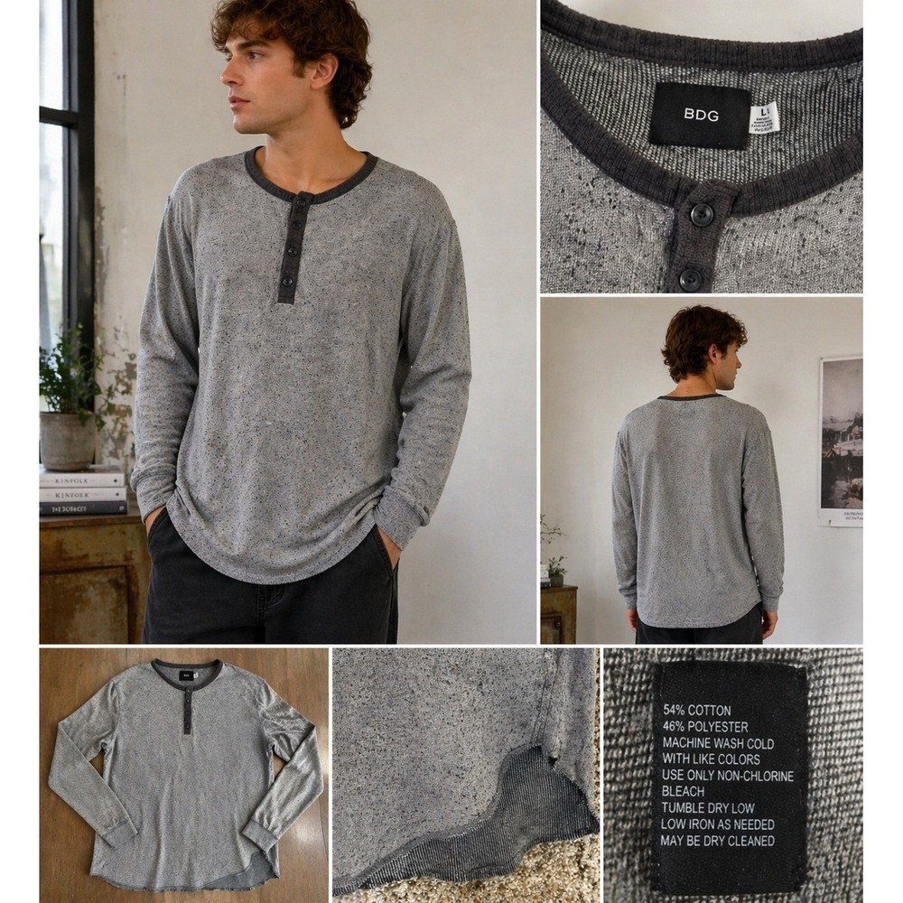 BDG Urban Outfitters Mens Gray Marl Long Sleeve Henley Shirt Large Textured Knit
